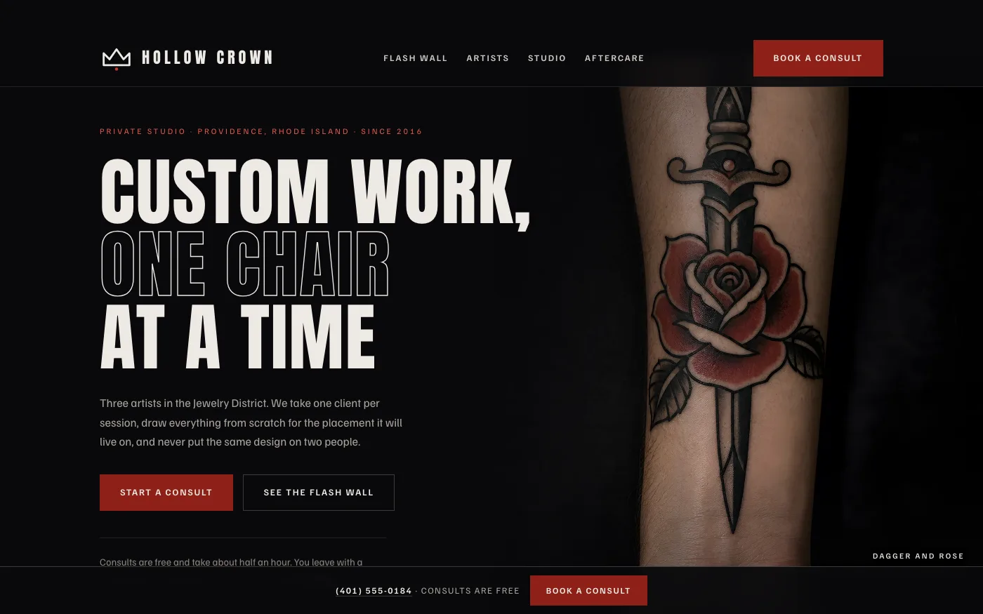 Hollow Crown, a concept tattoo studio website we designed